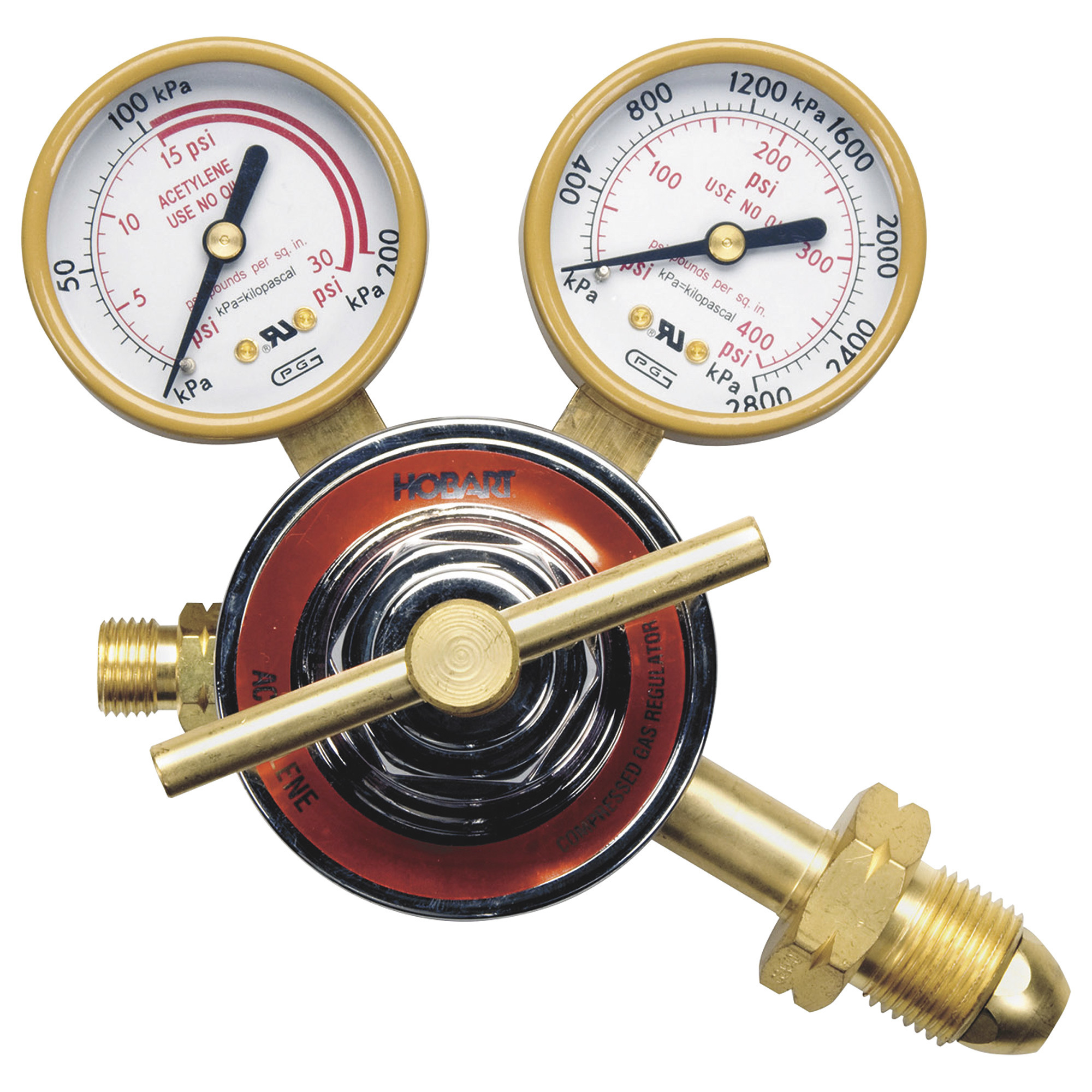 Hobart Acetylene Regulator, CGA-510 Connection, Dual PSI/kPA Scales, Model# 770504